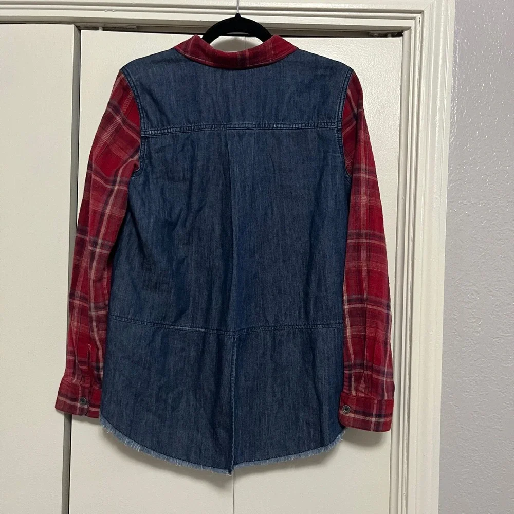 Free People Red Plaid Denim Mix Button Down Shirt Womens‎ XS Flannel Tunic